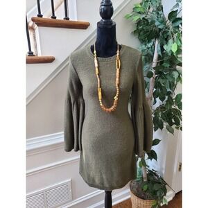 Cotton Emporium Women's Green Acrylic Round Neck Long Sleeve Knee Length Dress S